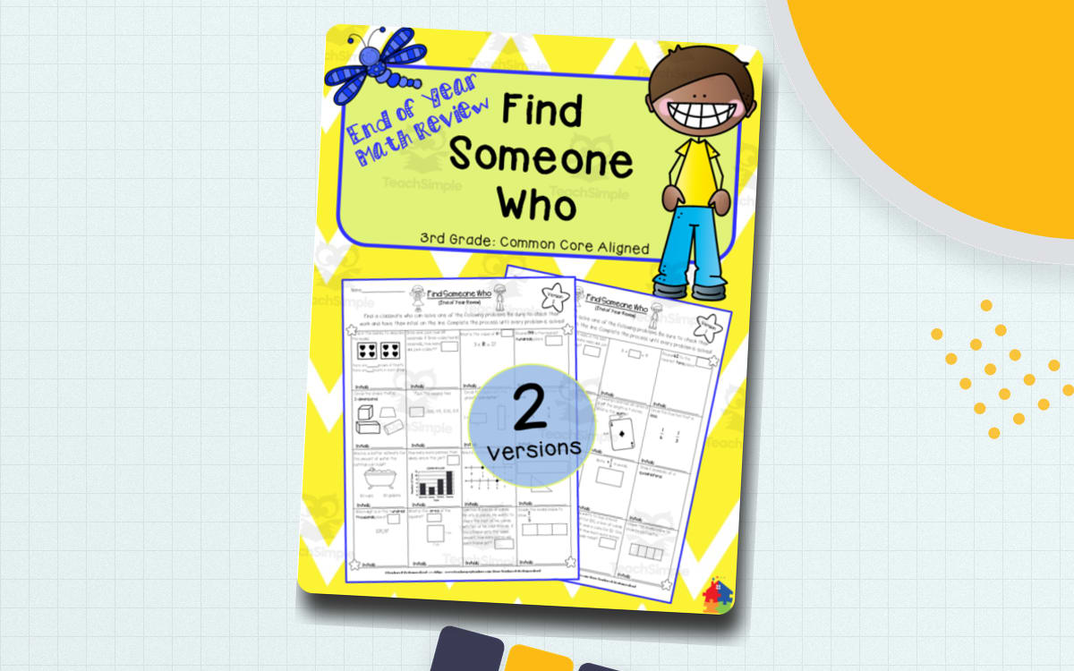 Find Someone Who Grade 3 math review cover with yellow border and two worksheet previews.