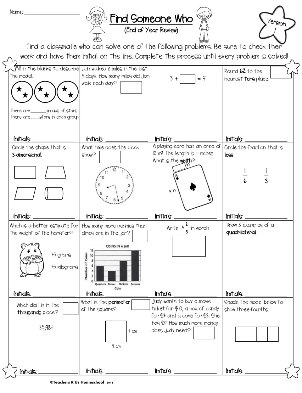 End of year review, version 1: students solve 16 problems on rounding, time, area, fractions, graphs and money