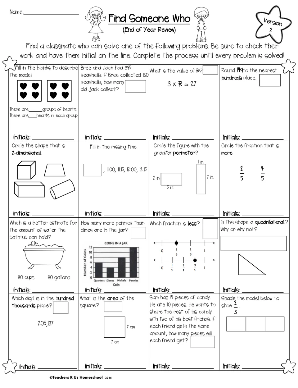 End of year review, version 2: 16 mixed problems on place value, perimeter, fraction number lines, time and quadrilaterals