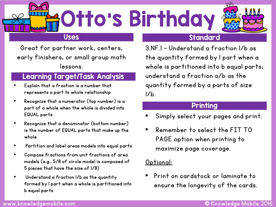 Teacher notes: suggested uses, learning targets on numerators and denominators, the 3.NF.1 standard and printing tips