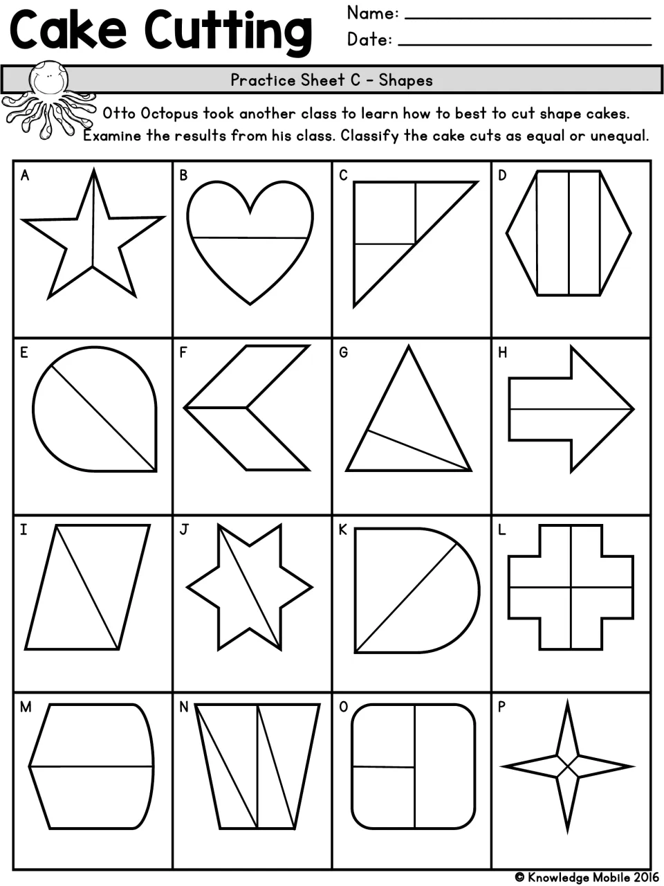 Cake Cutting, Practice Sheet C: students judge if 16 shape cakes like stars, hearts and arrows are cut equally