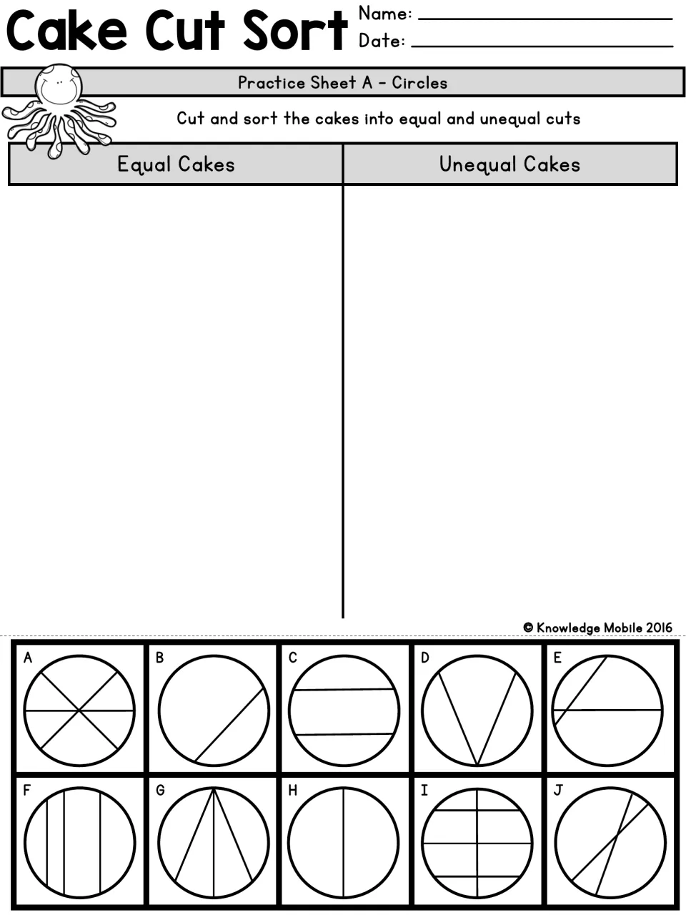 Cake Cut Sort, circles: students cut out 10 circle cakes and glue each under Equal Cakes or Unequal Cakes