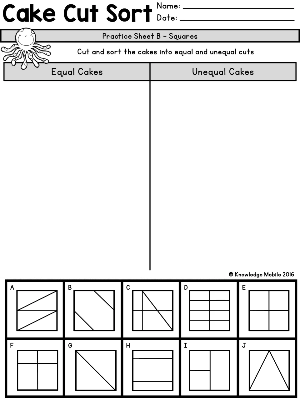 Cake Cut Sort, squares: students cut out 10 square cakes, A to J, and sort them into equal and unequal cuts