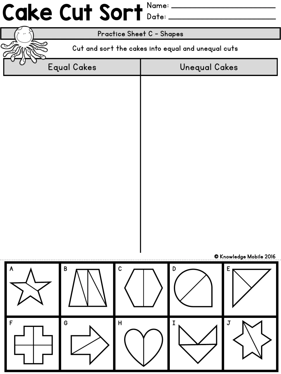 Cake Cut Sort, shapes: students cut out 10 cakes such as a star, heart and hexagon and sort equal from unequal cuts