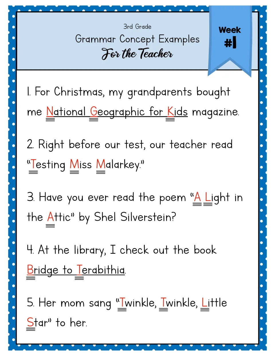 Capitalize Titles teacher examples: five sentences naming books, songs, a poem and a magazine with capitals shown in red