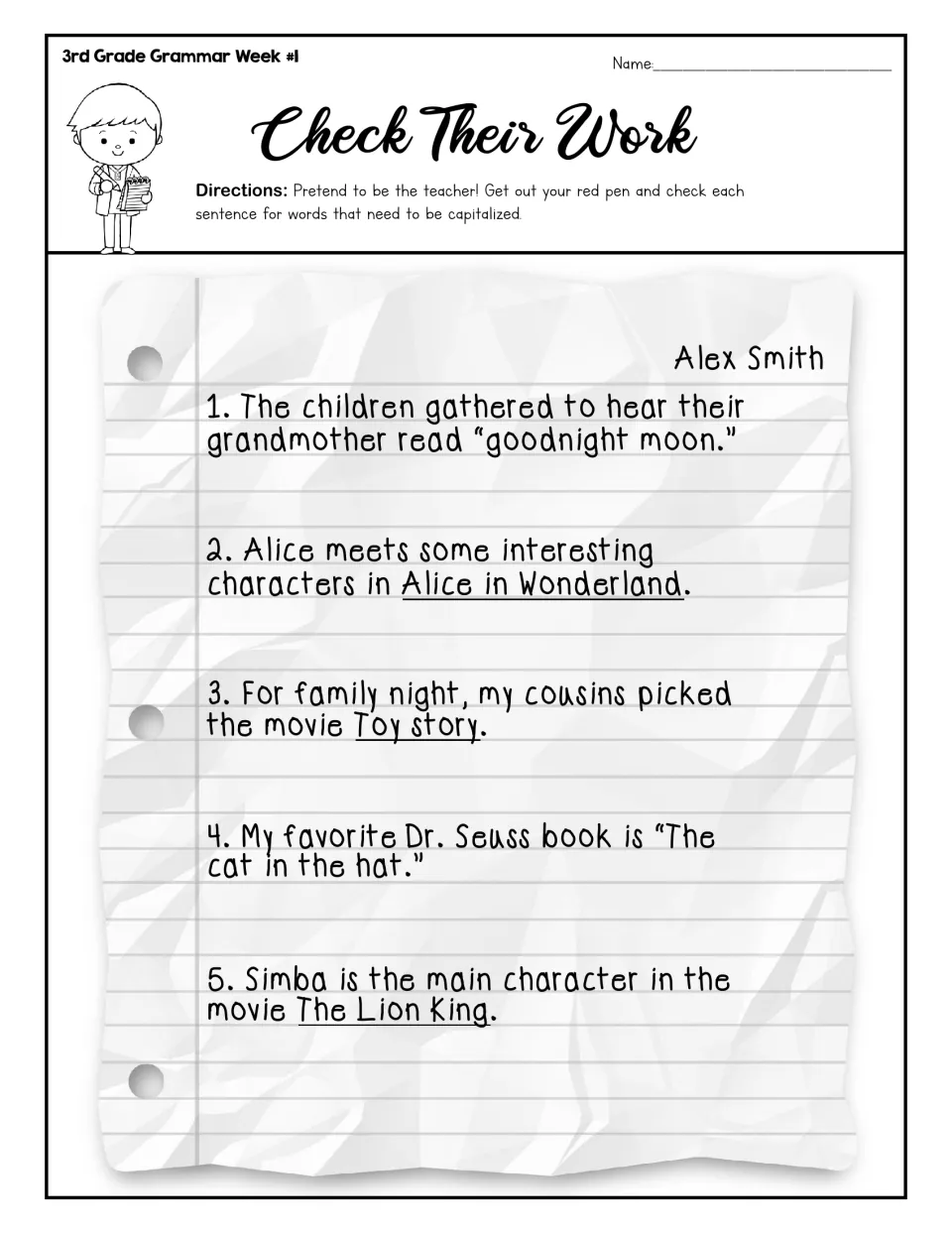 Check Their Work: students play teacher, using a red pen to fix capitalization in five sentences with book and movie titles