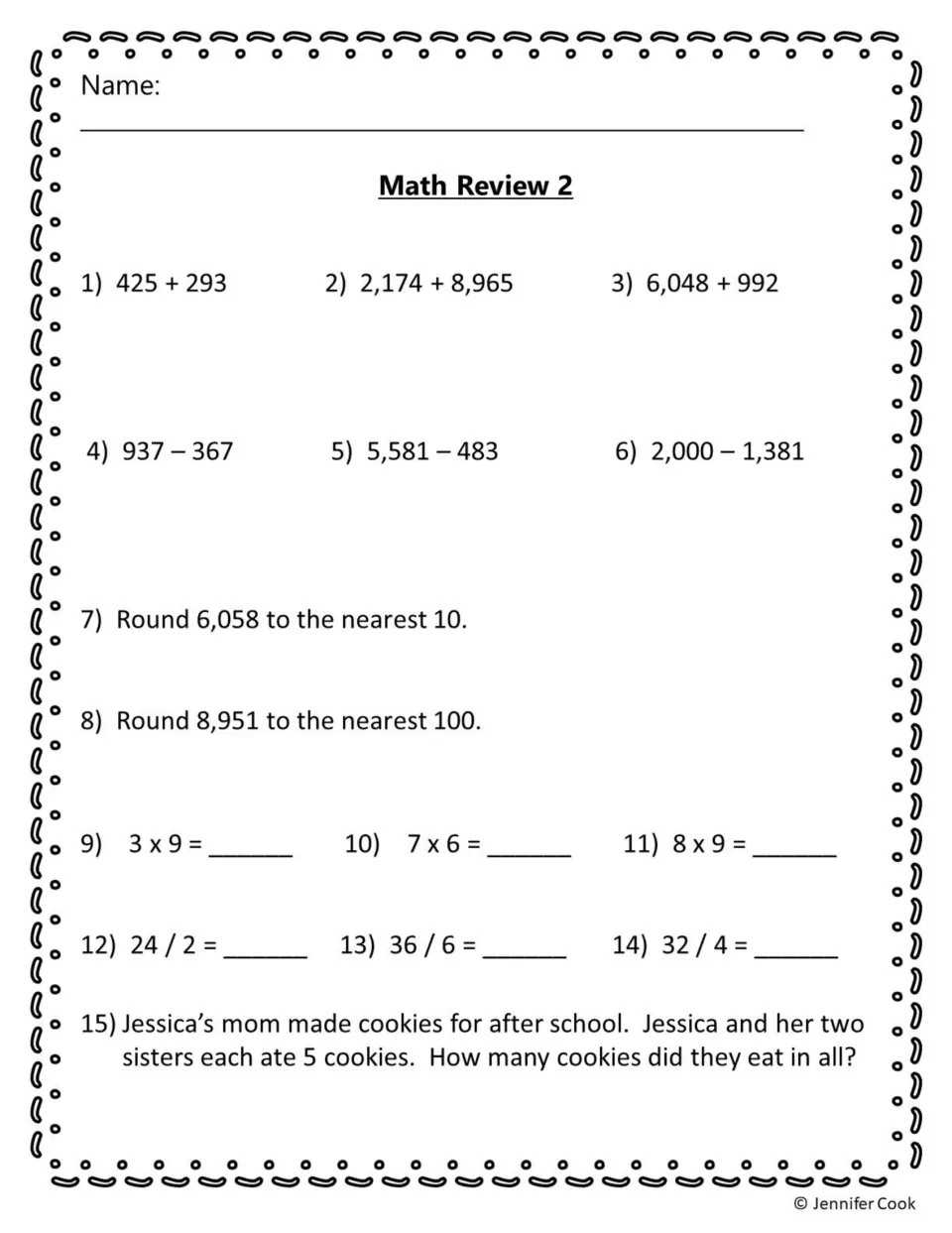 Math assessment questions 1–15: addition, subtraction, rounding, multiplication, division, and a cookie problem