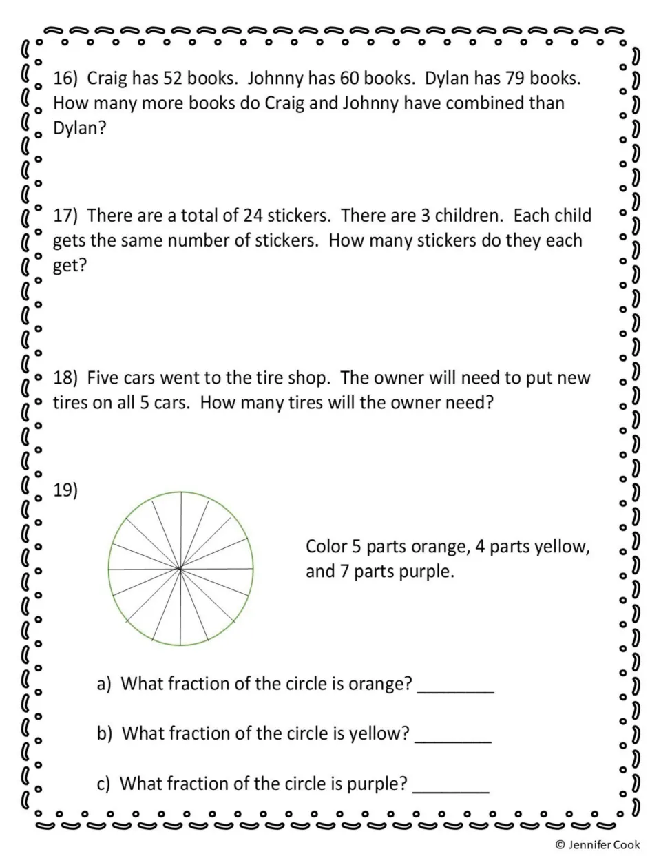 Math assessment questions 16–19: book, sticker, and tire word problems, plus coloring fractions of a circle
