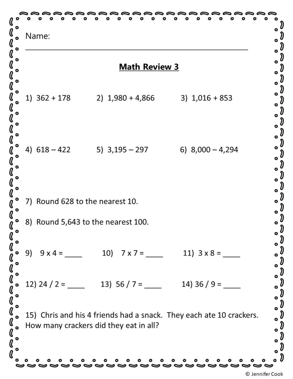 Math Review 3: students add and subtract multi-digit numbers, round to 10 and 100, multiply, divide and solve a word problem