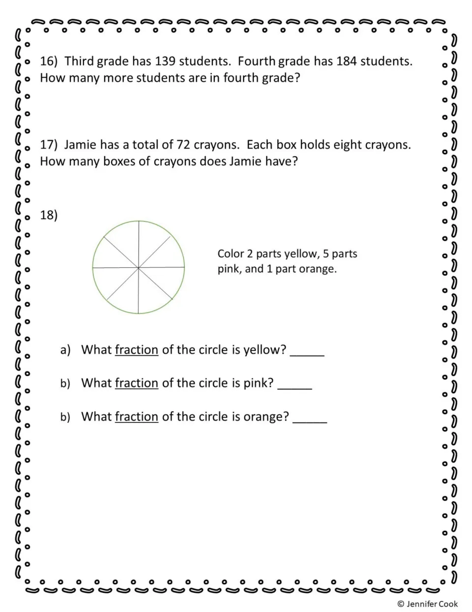 Word problems and fractions: students solve a comparison and a division story, then color an 8-part circle to name fractions
