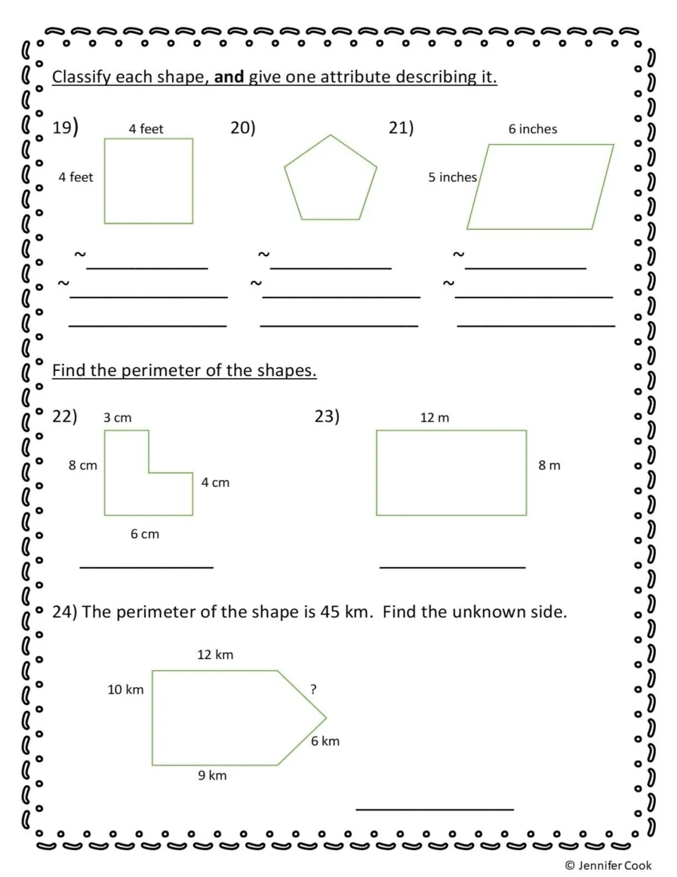 Shapes and perimeter: students classify a square, pentagon and parallelogram, then find perimeters and a missing side length