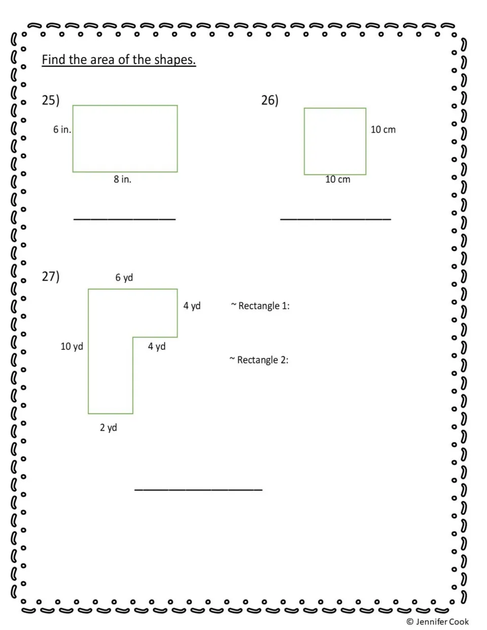 Area: students find the area of a 6 by 8 inch rectangle, a 10 cm square and an L-shape split into two rectangles in yards