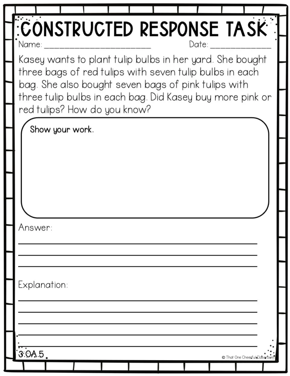 Tulip bulb comparison: students compare 3 bags of 7 red bulbs with 7 bags of 3 pink bulbs to find which is more
