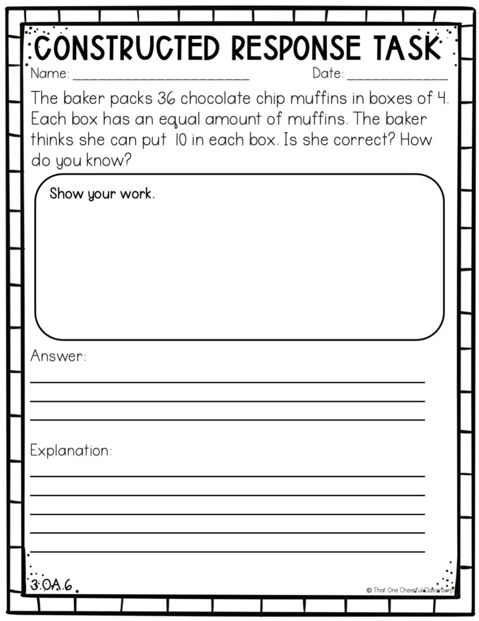 Muffin division problem: students check a baker's claim that 36 muffins in boxes of 4 means 10 per box and explain