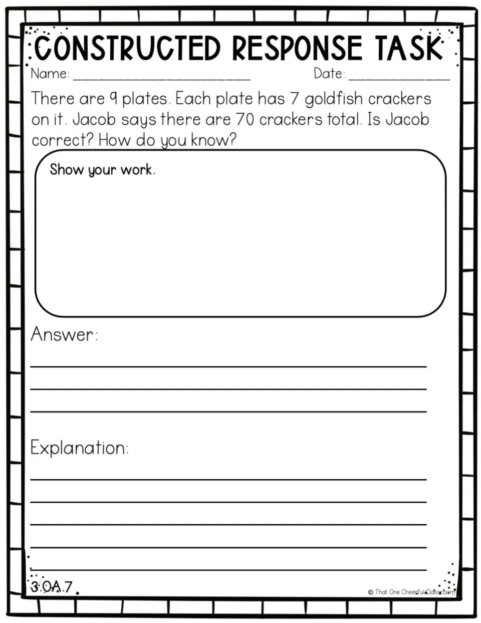 Goldfish cracker multiplication: students check if 9 plates of 7 crackers equals Jacob's total of 70 and explain why