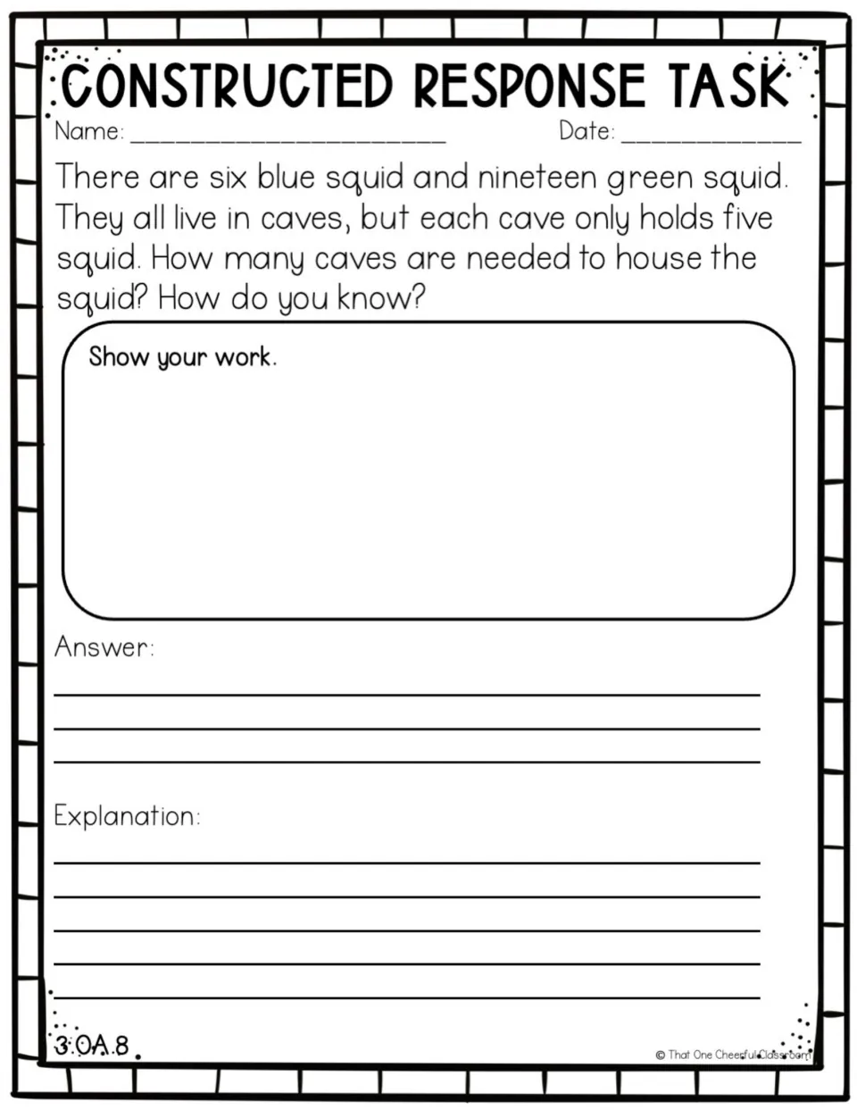 Squid and caves two-step problem: students find how many caves holding 5 each are needed for 6 blue and 19 green squid
