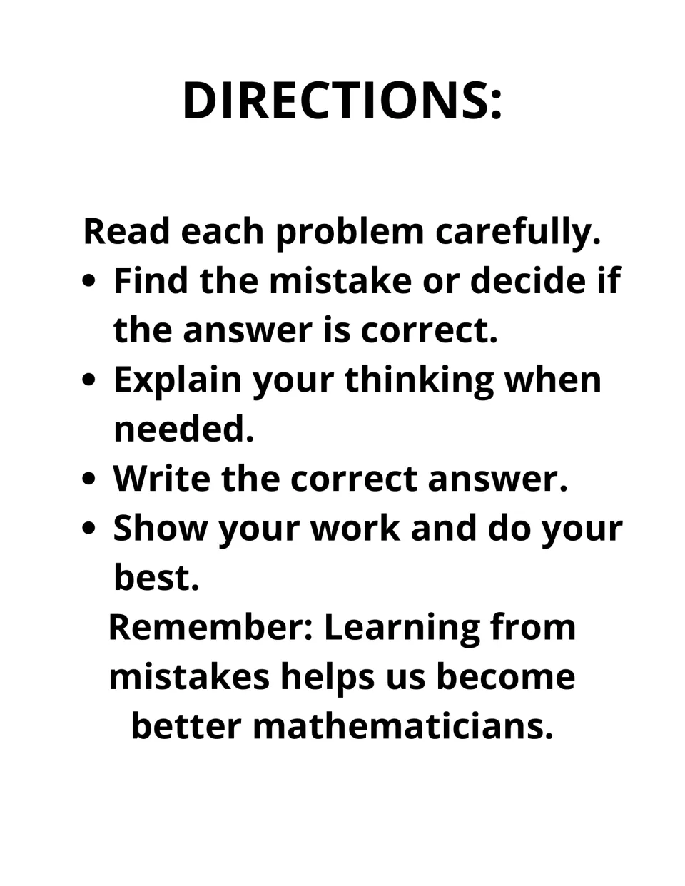 Student directions: read each problem, find the mistake or confirm the answer, explain, then write the correct answer