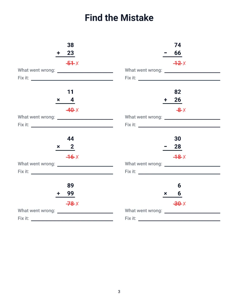 Find the Mistake: students explain and fix 8 wrong answers in addition, subtraction and multiplication, like 38 + 23 = 51