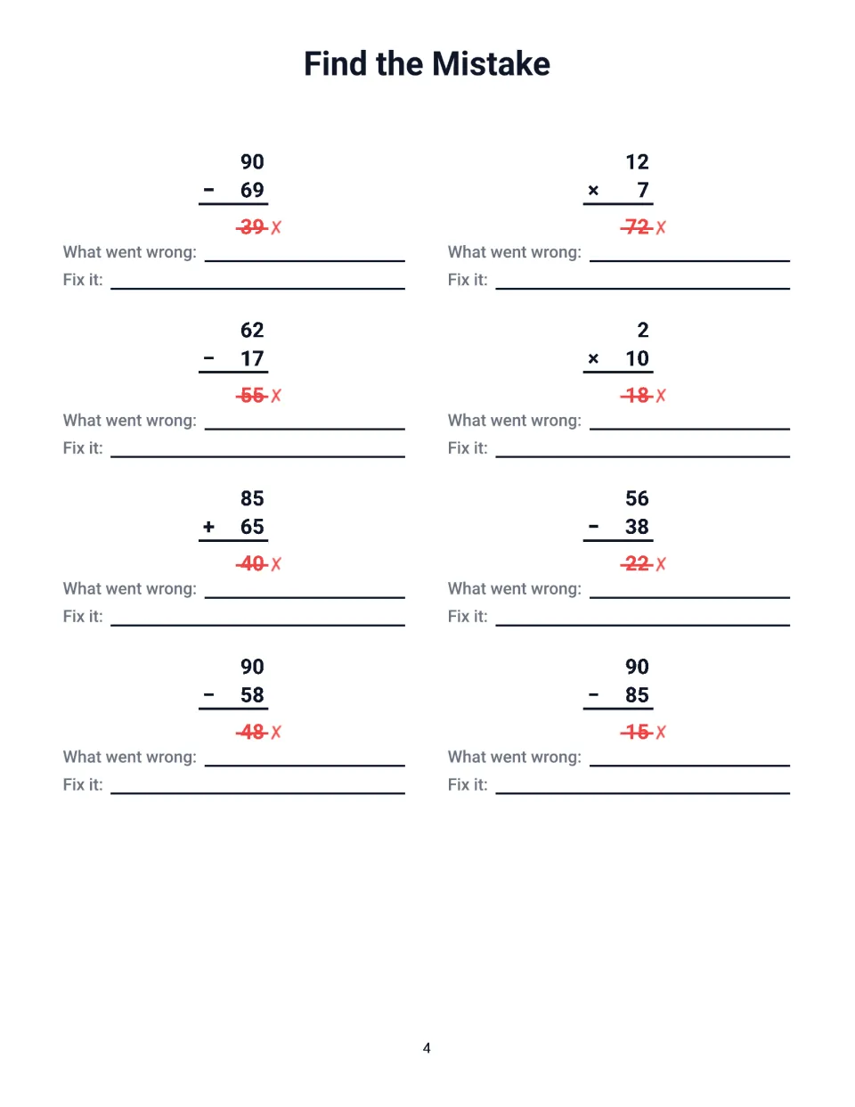 Error analysis set: students describe what went wrong in 8 crossed-out answers, including 90 - 69 = 39 and 12 x 7 = 72