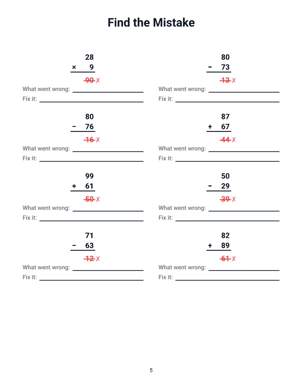 Correcting computation errors: 8 problems such as 28 x 9 = 90 and 99 + 61 = 50, each with a What went wrong line
