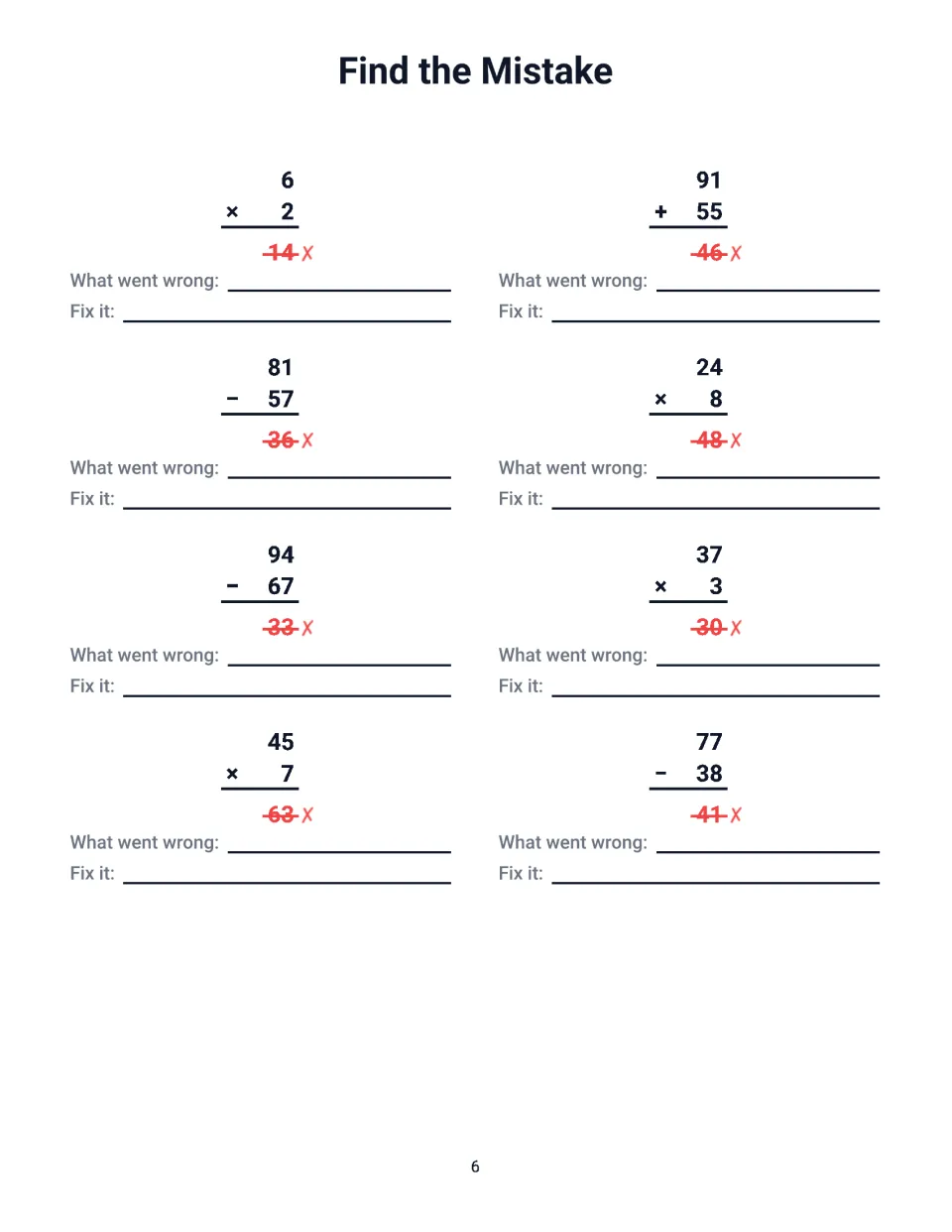 Spot the error in subtraction and multiplication: 8 items like 81 - 57 = 36 and 45 x 7 = 63 to rework and correct