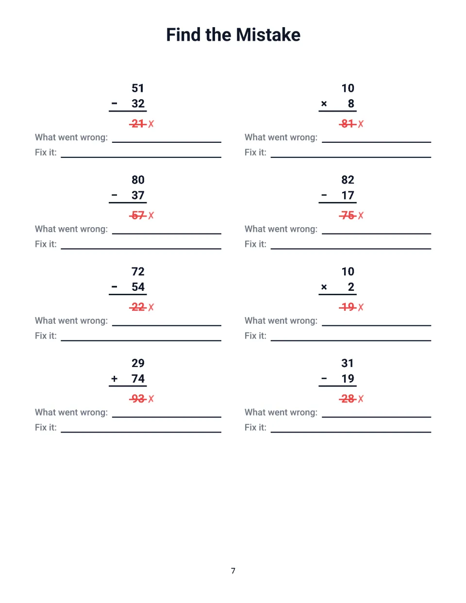 Fix-it practice: 8 incorrect solutions including 51 - 32 = 21, 10 x 8 = 81 and 29 + 74 = 93 for students to rewrite
