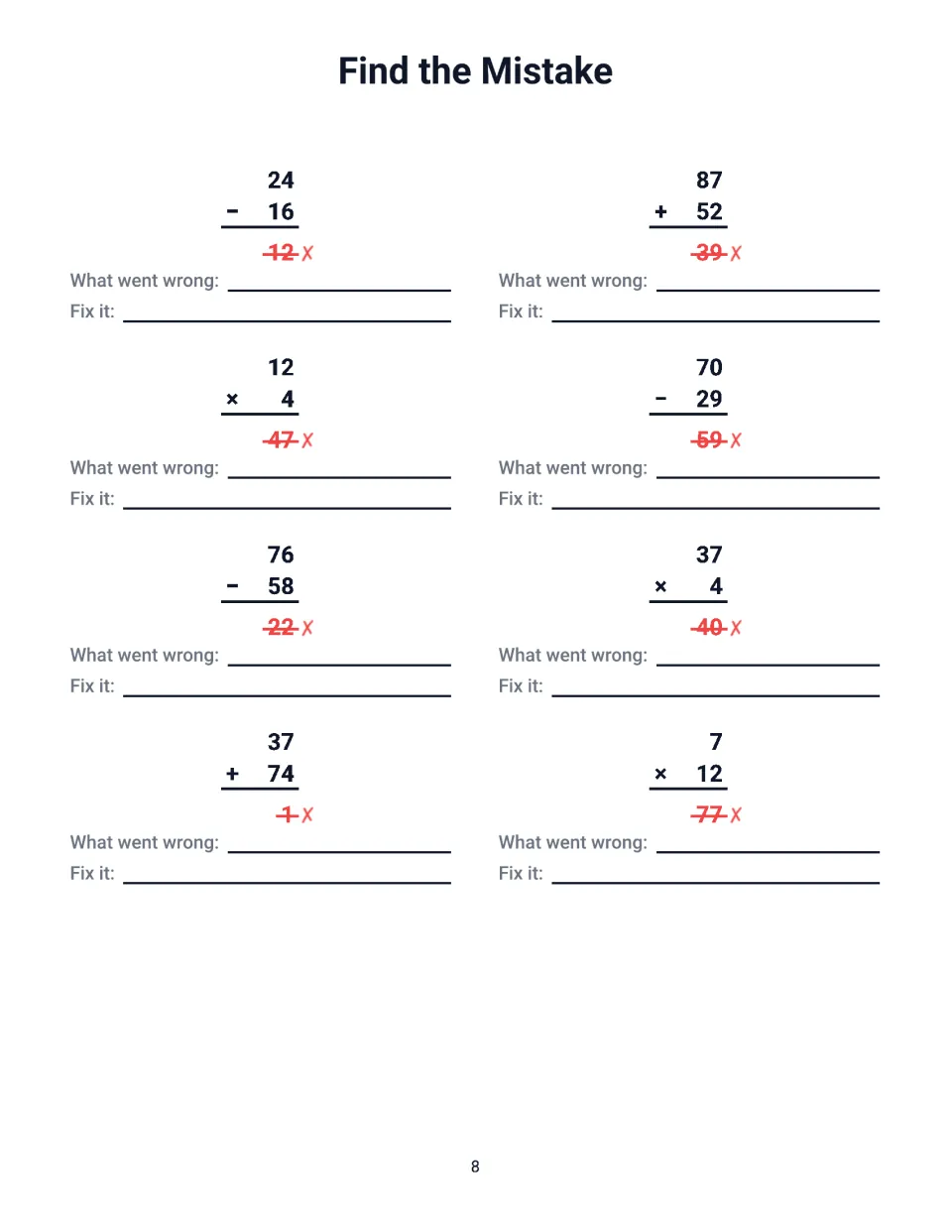 Mistake hunt: 8 flawed answers such as 12 x 4 = 47, 70 - 29 = 59 and 37 + 74 = 1, each needing an explanation and fix