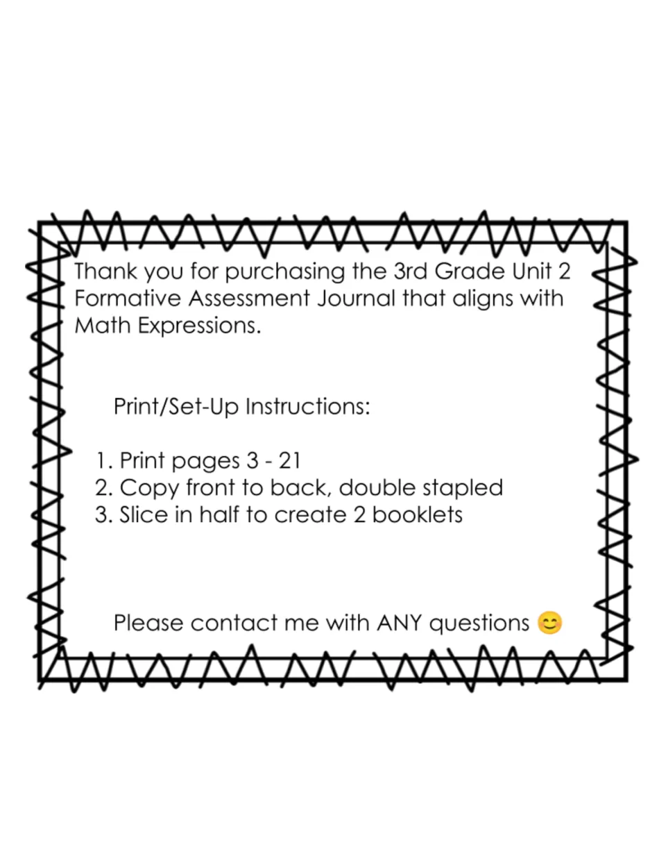 Thank-you note with print and set-up steps: print pages 3 to 21, copy front to back, double staple, slice into 2 booklets