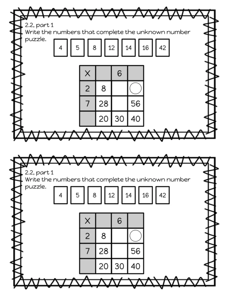 Exit slip 2.2 part 1, unknown factor puzzle: students place 4, 5, 8, 12, 14, 16 and 42 into a multiplication table