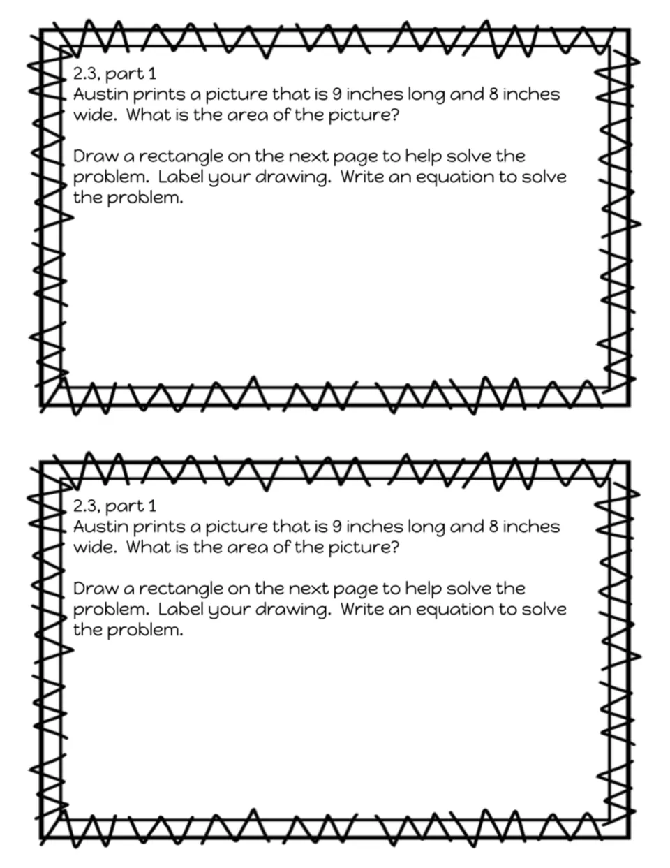 Exit slip 2.3 part 1, area word problem: a picture 9 inches long and 8 inches wide; students write an equation