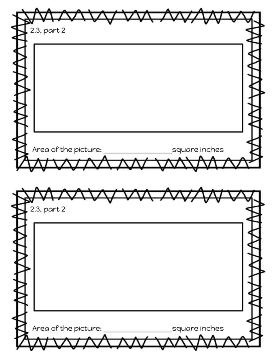 Exit slip 2.3 part 2: students draw and label the rectangle, then record the area of the picture in square inches