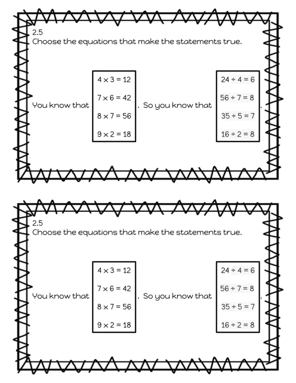 Exit slip 2.5, related facts: students choose a multiplication fact and the division fact it shows, from four choices each