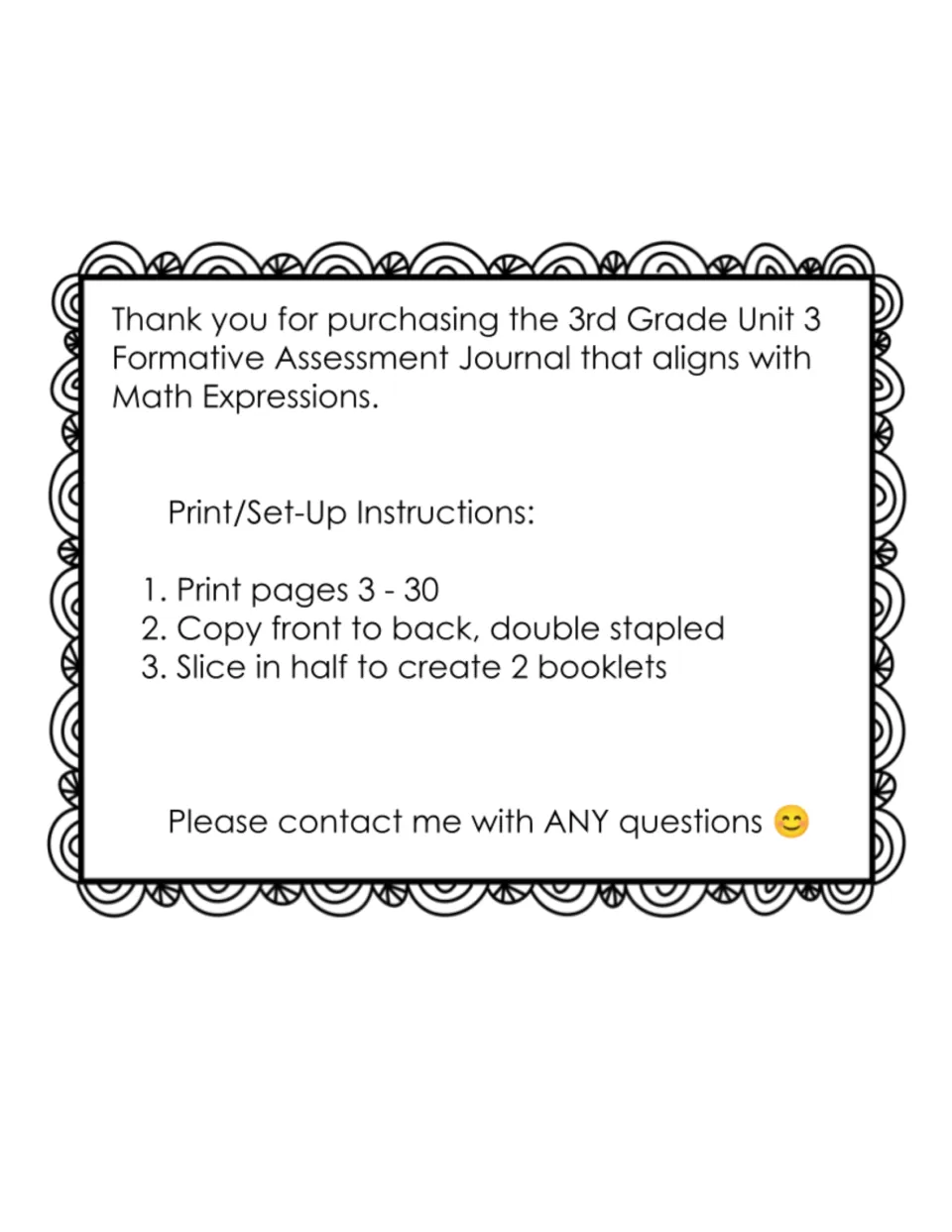 Thank-you note and set-up steps: print pages 3 to 30, copy front to back, double staple and slice in half for 2 booklets