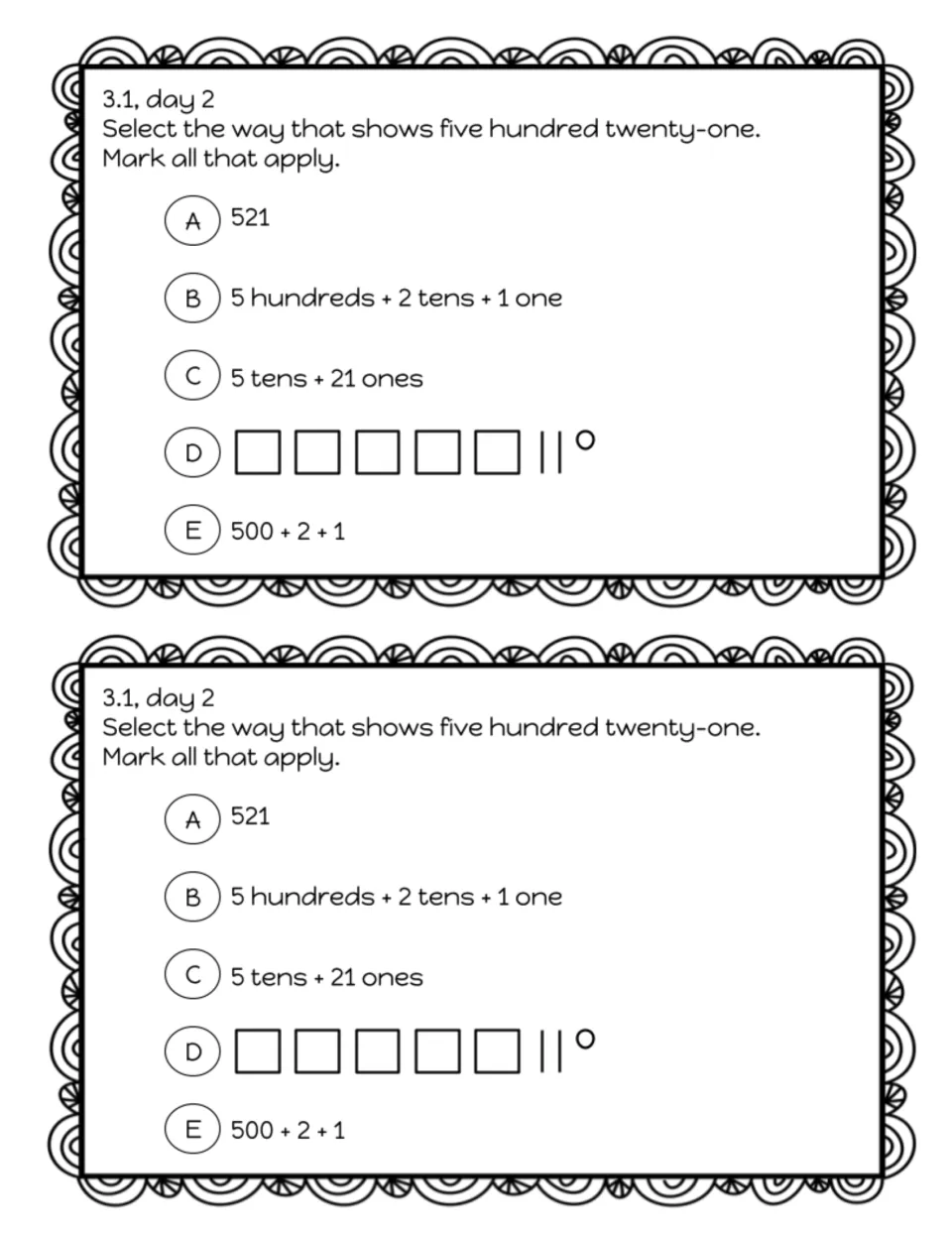 Exit slip 3.1, day 2: students mark every choice that shows 521, including expanded forms and a place value drawing