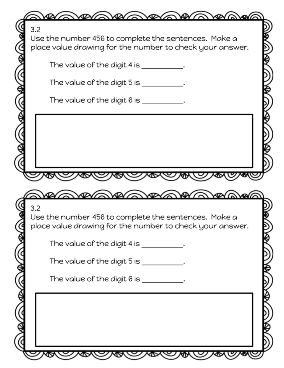 Exit slip 3.2 on place value: students give the value of each digit in 456 and check with a place value drawing