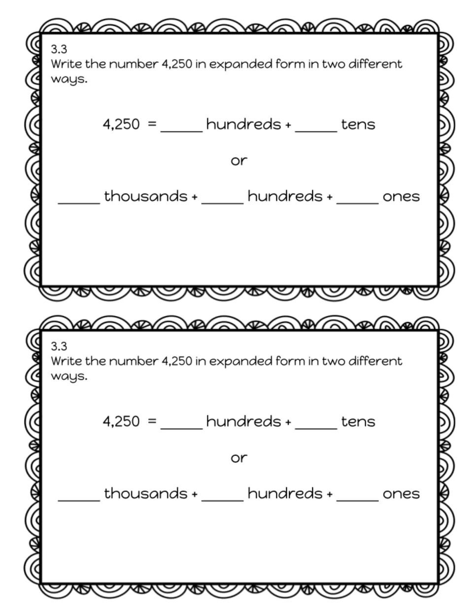 Exit slip 3.3 on expanded form: students write 4,250 two ways, as hundreds and tens, and as thousands, hundreds and ones