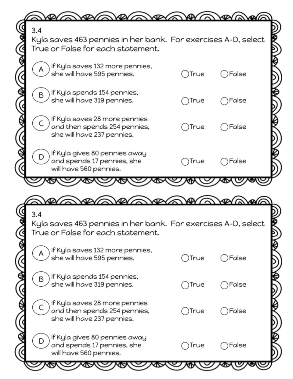 Exit slip 3.4 word problem: Kyla saves 463 pennies; students mark four addition and subtraction statements true or false