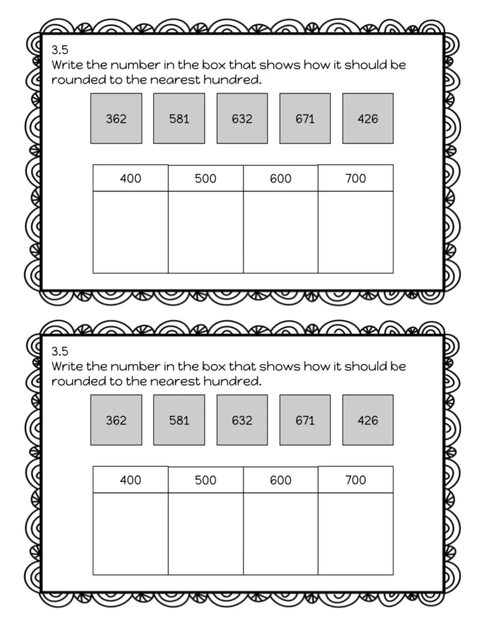 Exit slip 3.5 on rounding: students sort 362, 581, 632, 671 and 426 under 400, 500, 600 or 700 by nearest hundred