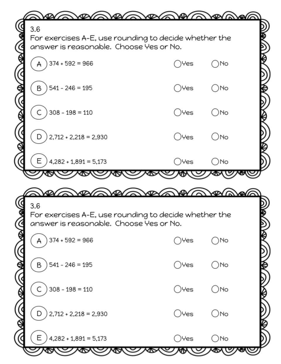 Exit slip 3.6 on estimation: students use rounding to judge whether five sums and differences are reasonable, Yes or No