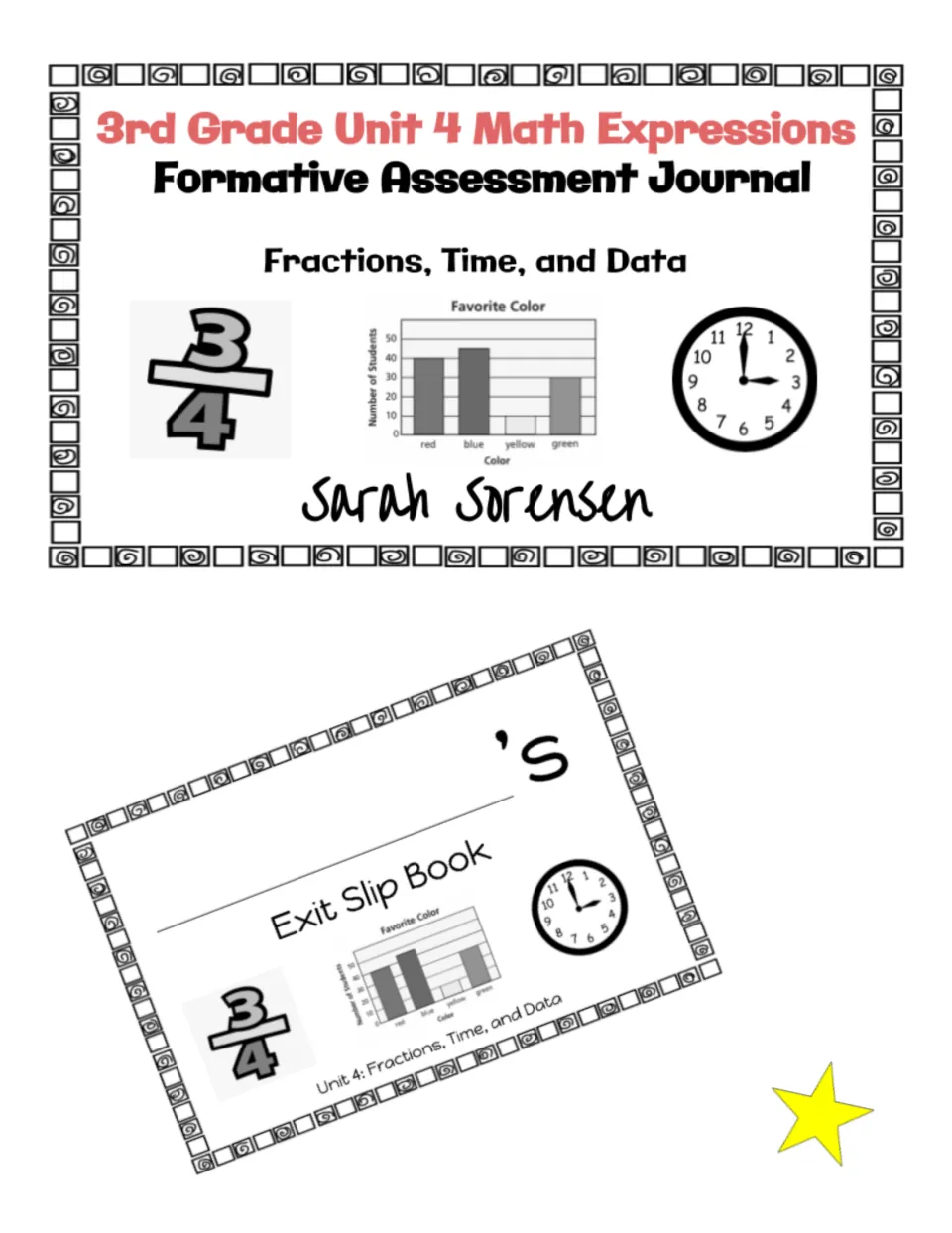 Unit 4 Math Expressions formative assessment journal cover on fractions, time and data, with an Exit Slip Book cover