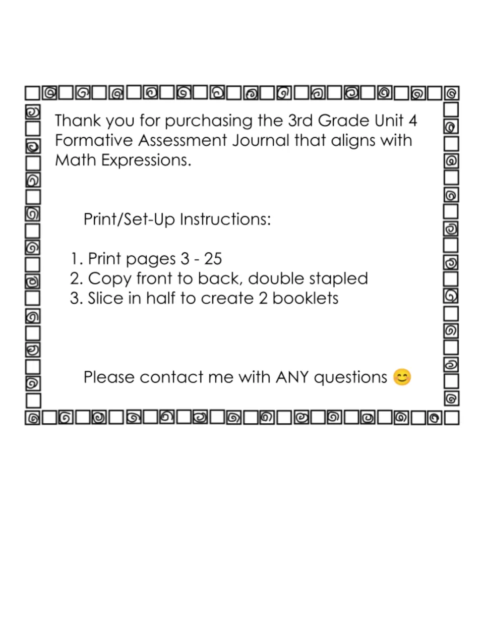 Thank-you note with print and set-up steps: print pages 3-25, copy front to back, staple and slice into 2 booklets