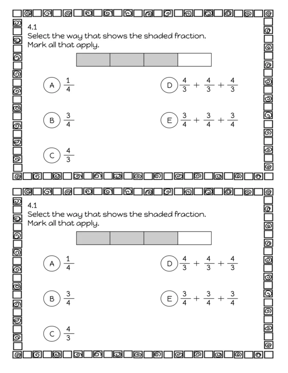 Exit slip 4.1: students mark every choice that names a bar with 3 of 4 parts shaded, as 3/4 or a sum of fractions