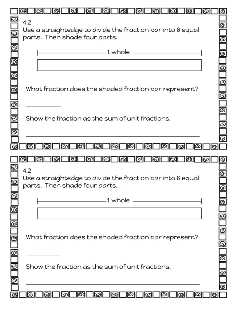 Exit slip 4.2: students split a 1-whole fraction bar into 6 equal parts, shade 4, name the fraction and write unit sums