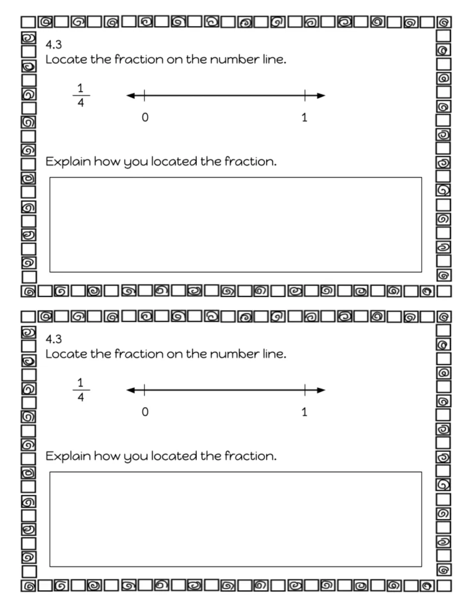 Exit slip 4.3: students locate 1/4 on a number line from 0 to 1, then explain in writing how they placed the fraction