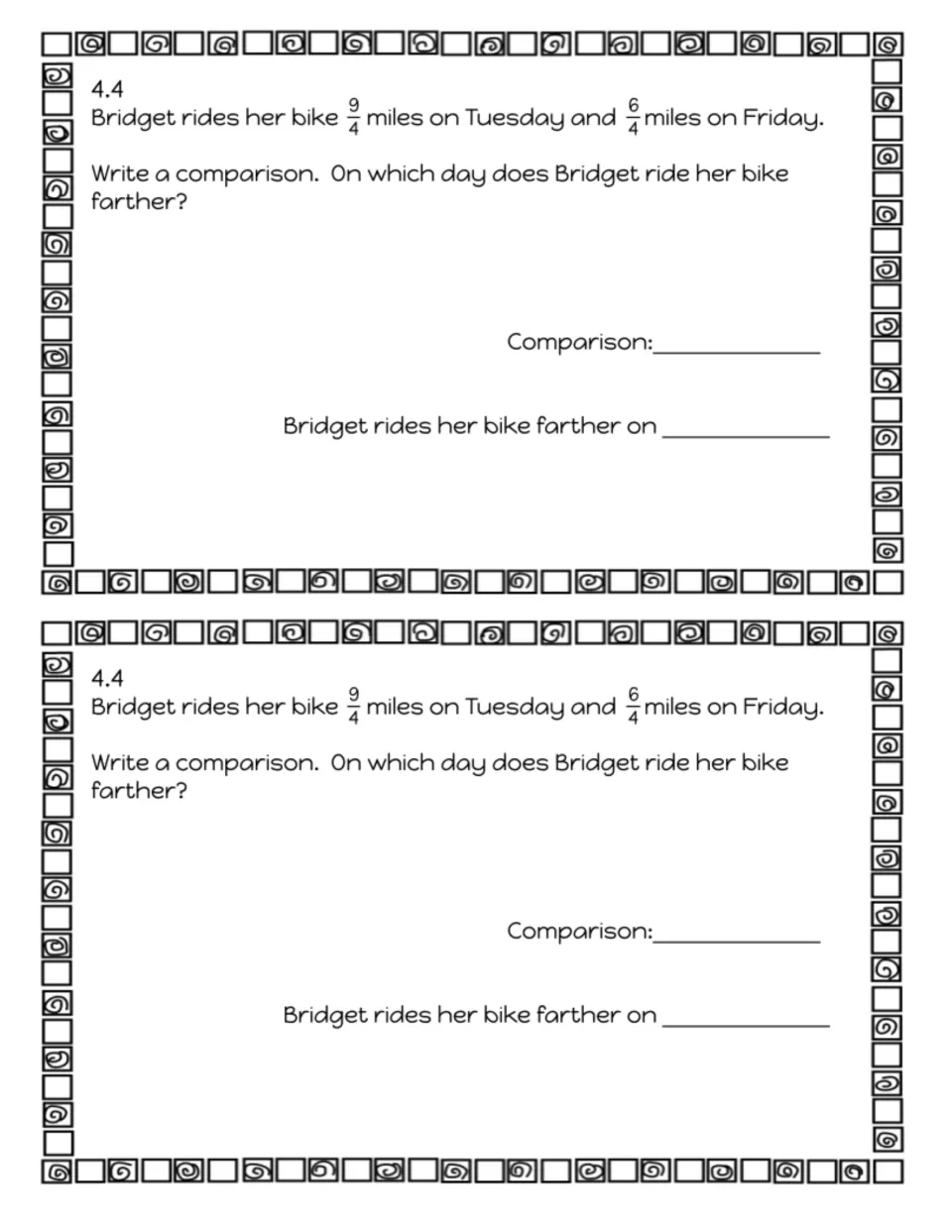 Exit slip 4.4: comparing same-denominator fractions, 9/4 vs 6/4 miles, to tell which day Bridget rode her bike farther