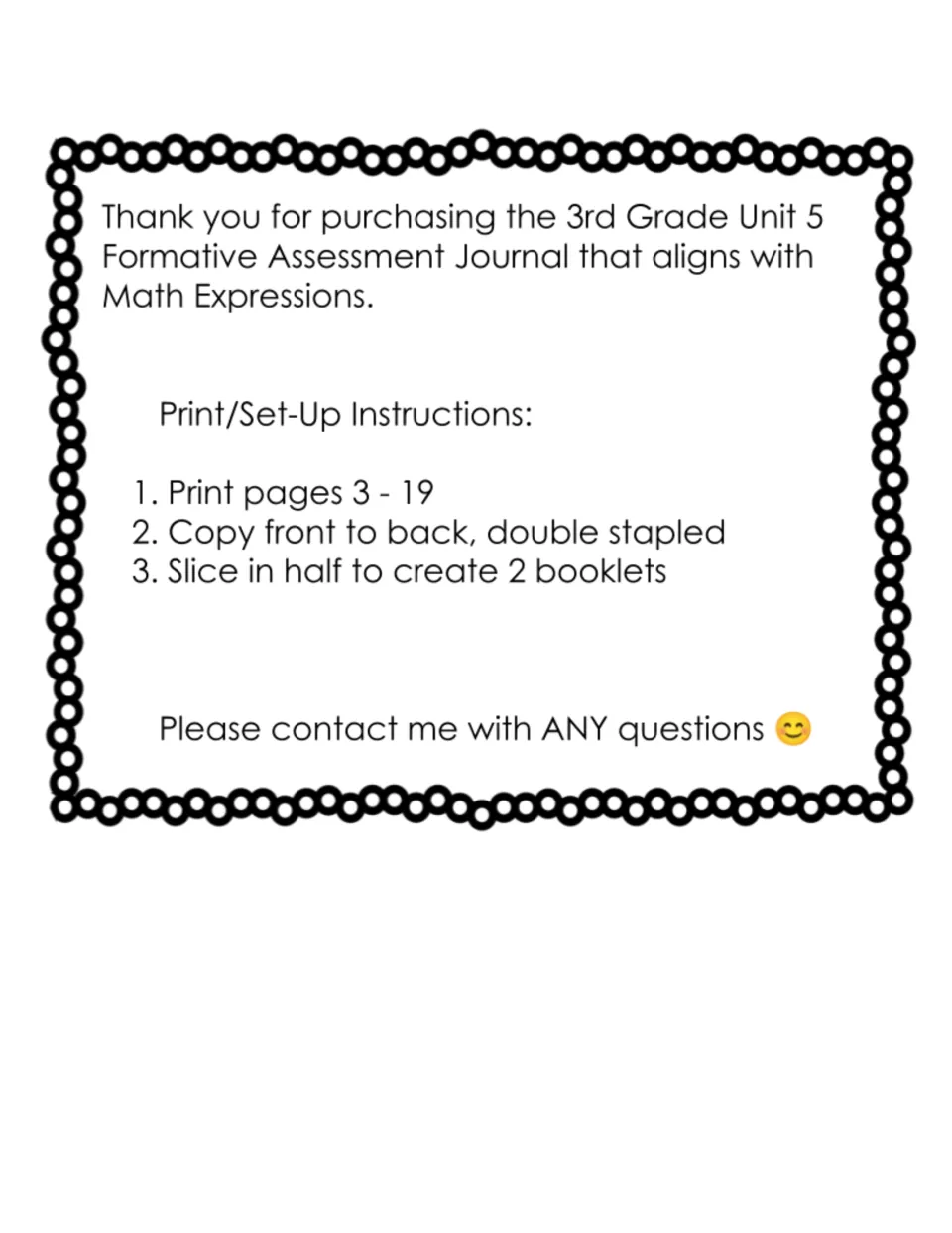 Thank-you note with set-up steps: print pages 3 to 19, copy front to back, double staple, slice in half for 2 booklets