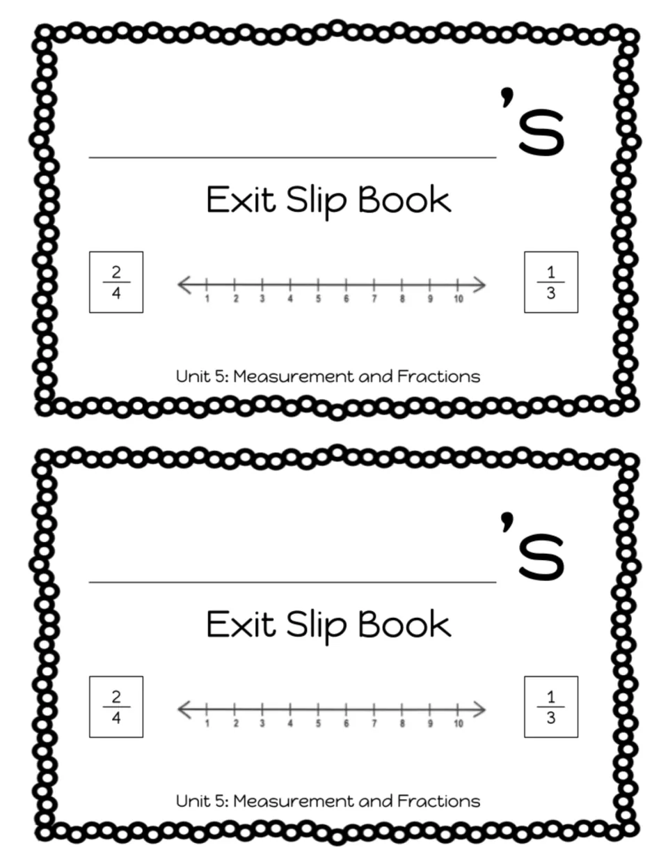 Two Exit Slip Book covers for Unit 5: Measurement and Fractions, each with a space for the student's name