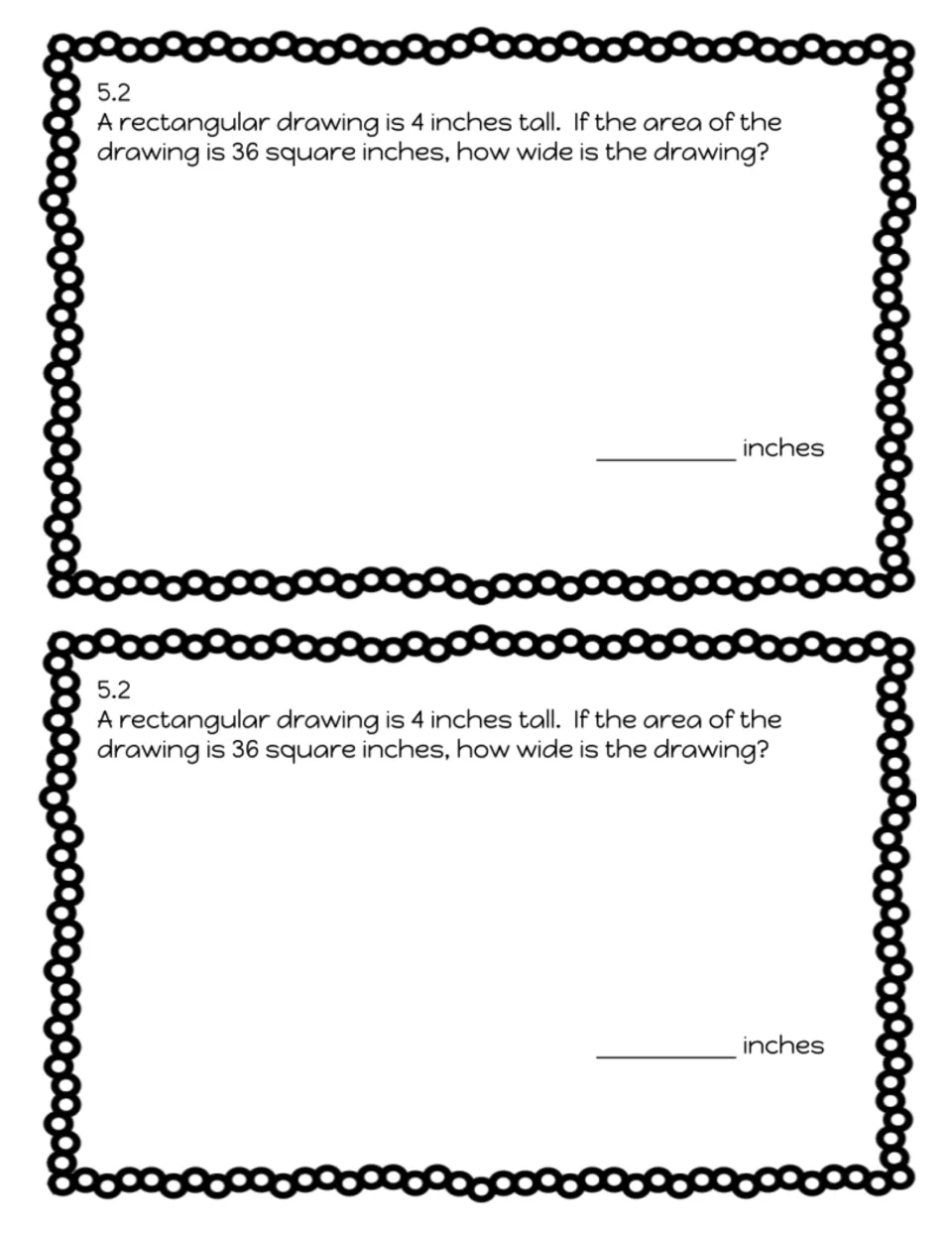 Exit slip 5.2: students find the width of a 4-inch-tall rectangular drawing with an area of 36 square inches