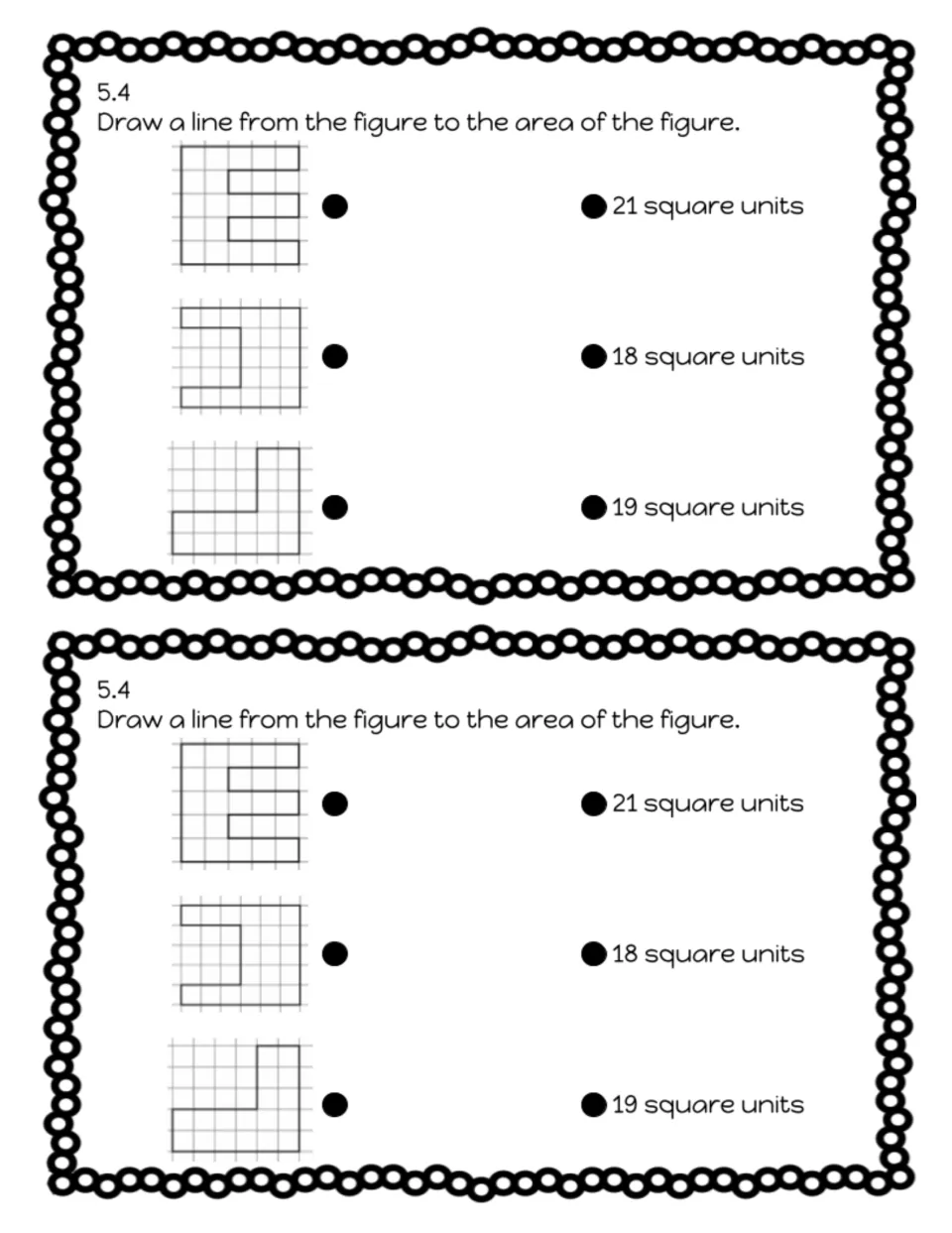 Exit slip 5.4: students match three composite figures to their areas of 21, 18 or 19 square units
