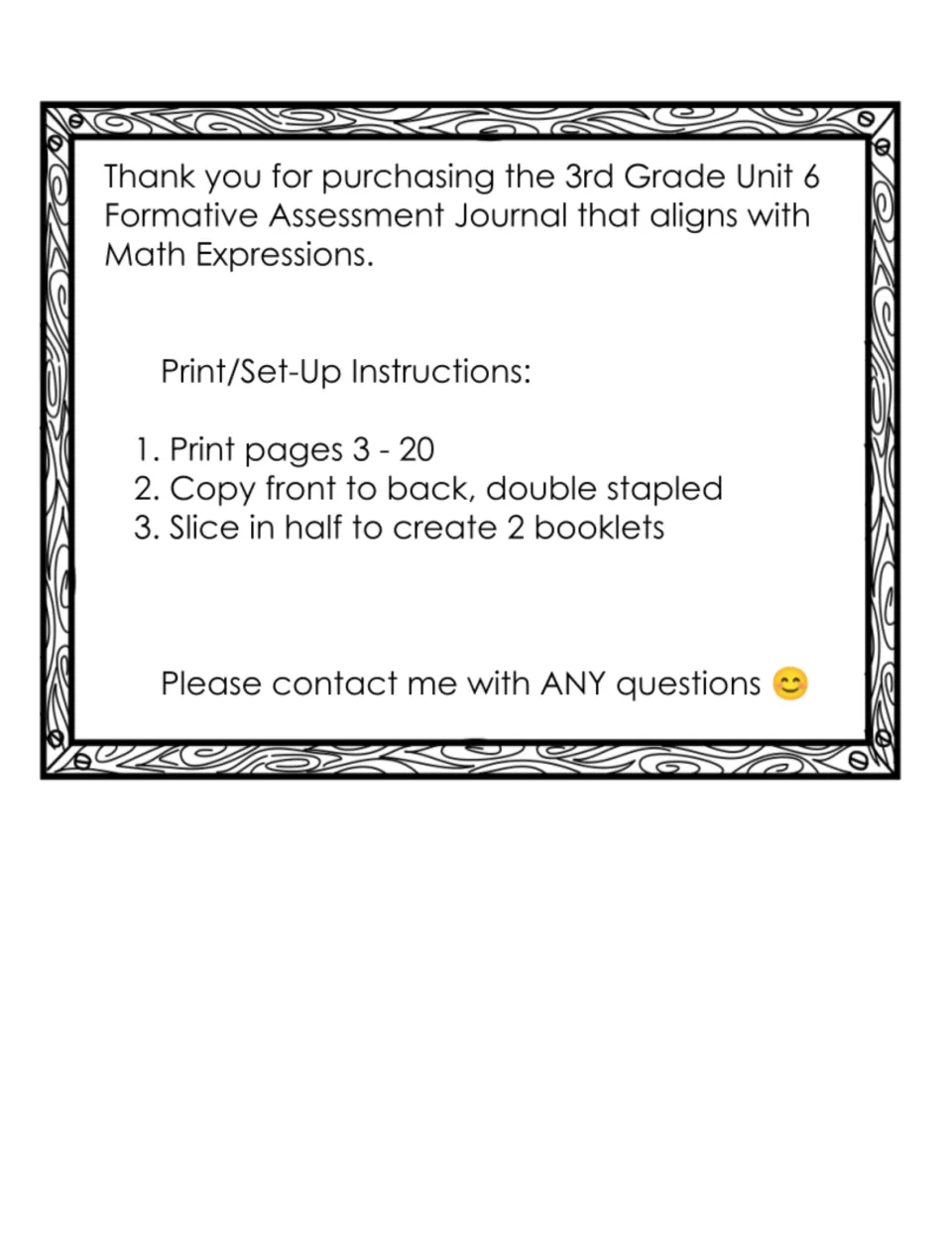 Thank-you note and print setup steps: print pages 3-20, copy front to back, double staple, slice in half for 2 booklets